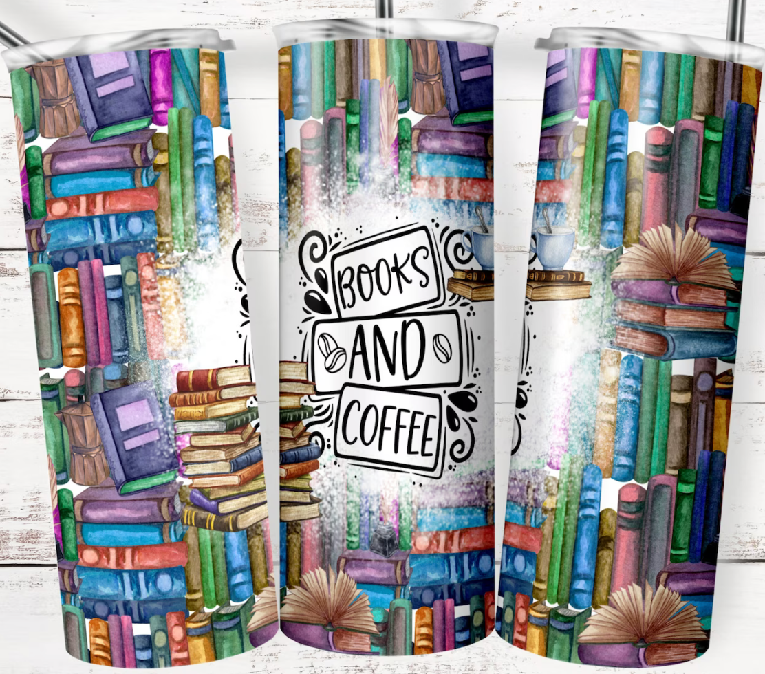 20oz Stainless Steel Tumbler - Books and Coffee