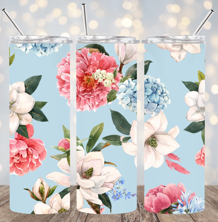 20oz Stainless Steel Tumbler- Flowers (blue background)