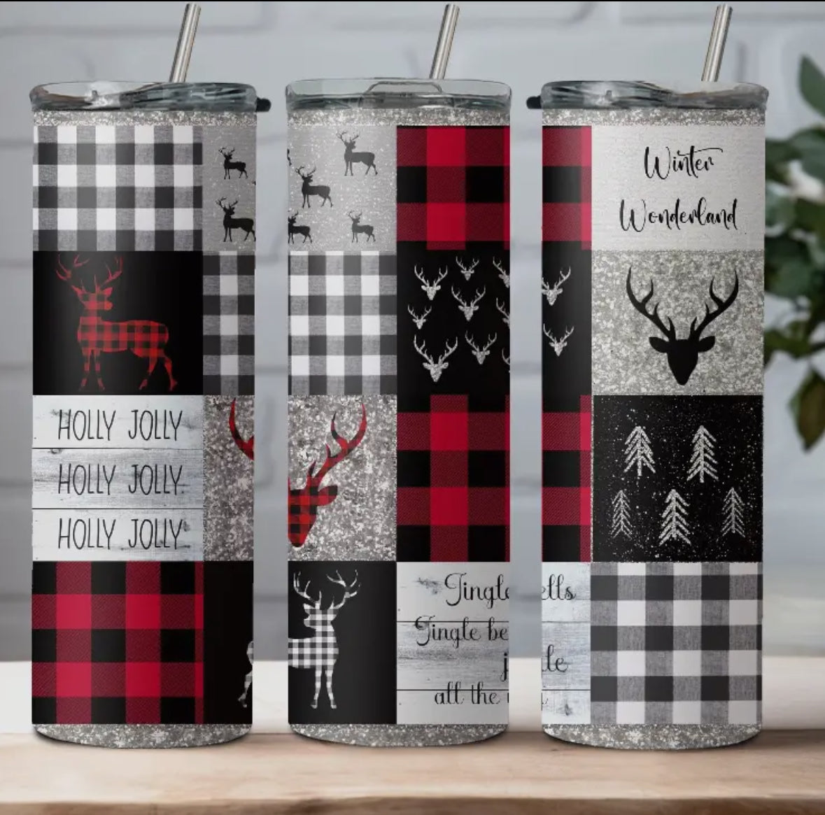 20 oz Stainless Steel Tumbler - Christmas - Plaid Reindeer