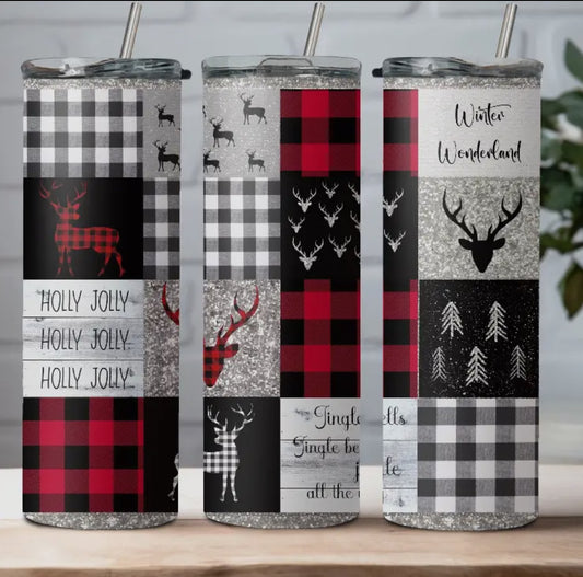 20 oz Stainless Steel Tumbler - Christmas - Plaid Reindeer