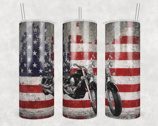 20oz Stainless Steel Tumbler - Flag/Motorcyle