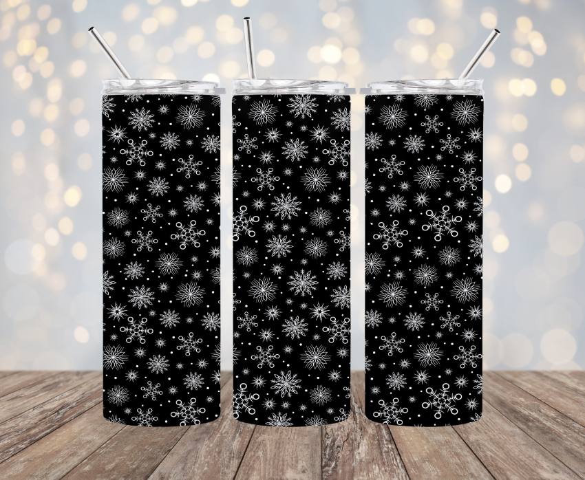 20 oz Stainless Steel Tumbler - Black and White Snowflakes